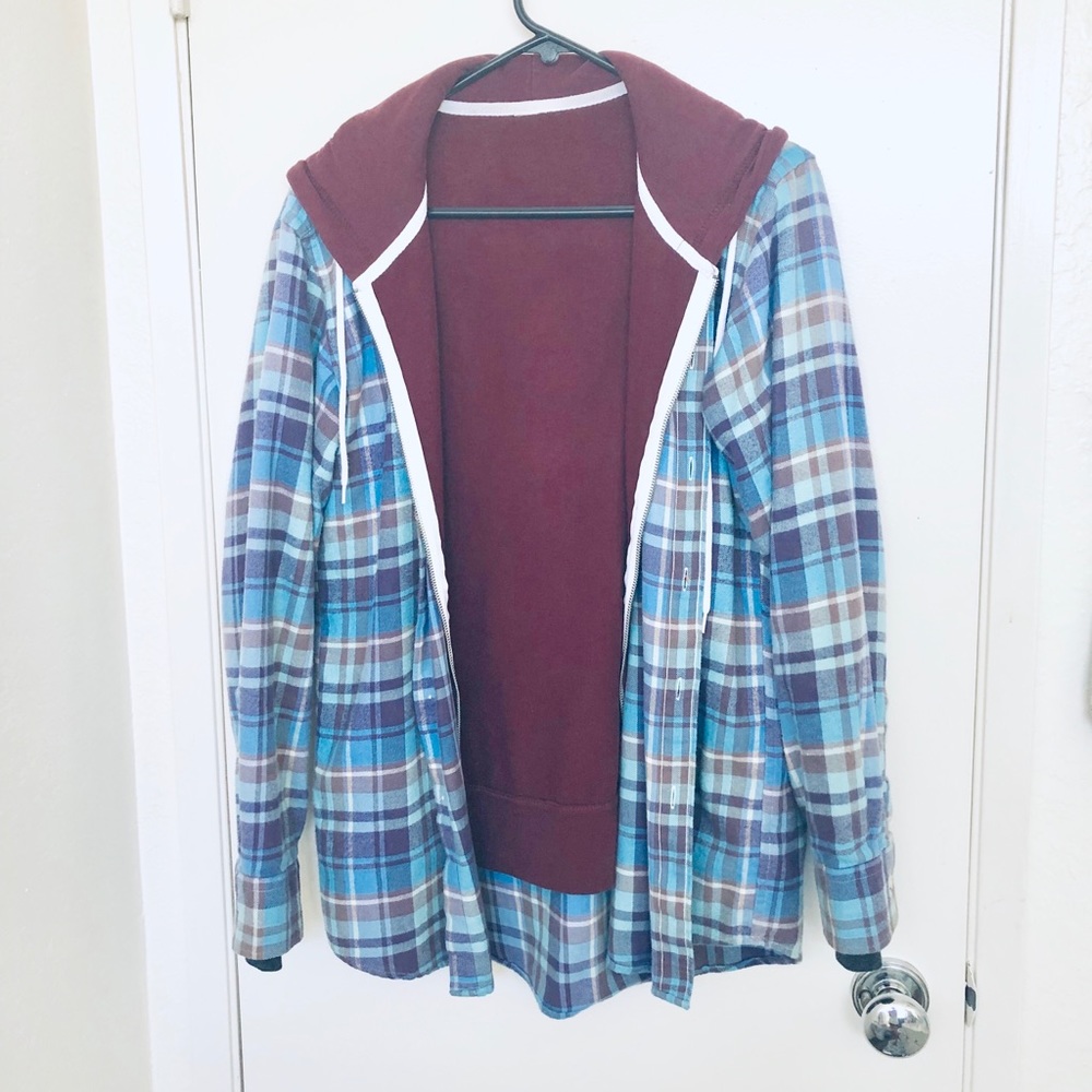 Uniqlo blue plaid shirt with maroon zumiez jacket